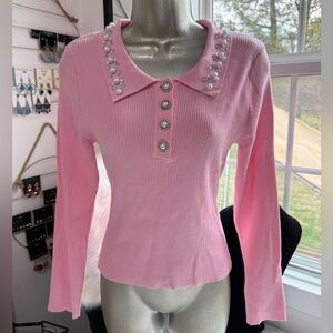 Embellished Pink Ribbed Long-Sleeve Top slim fit small xl